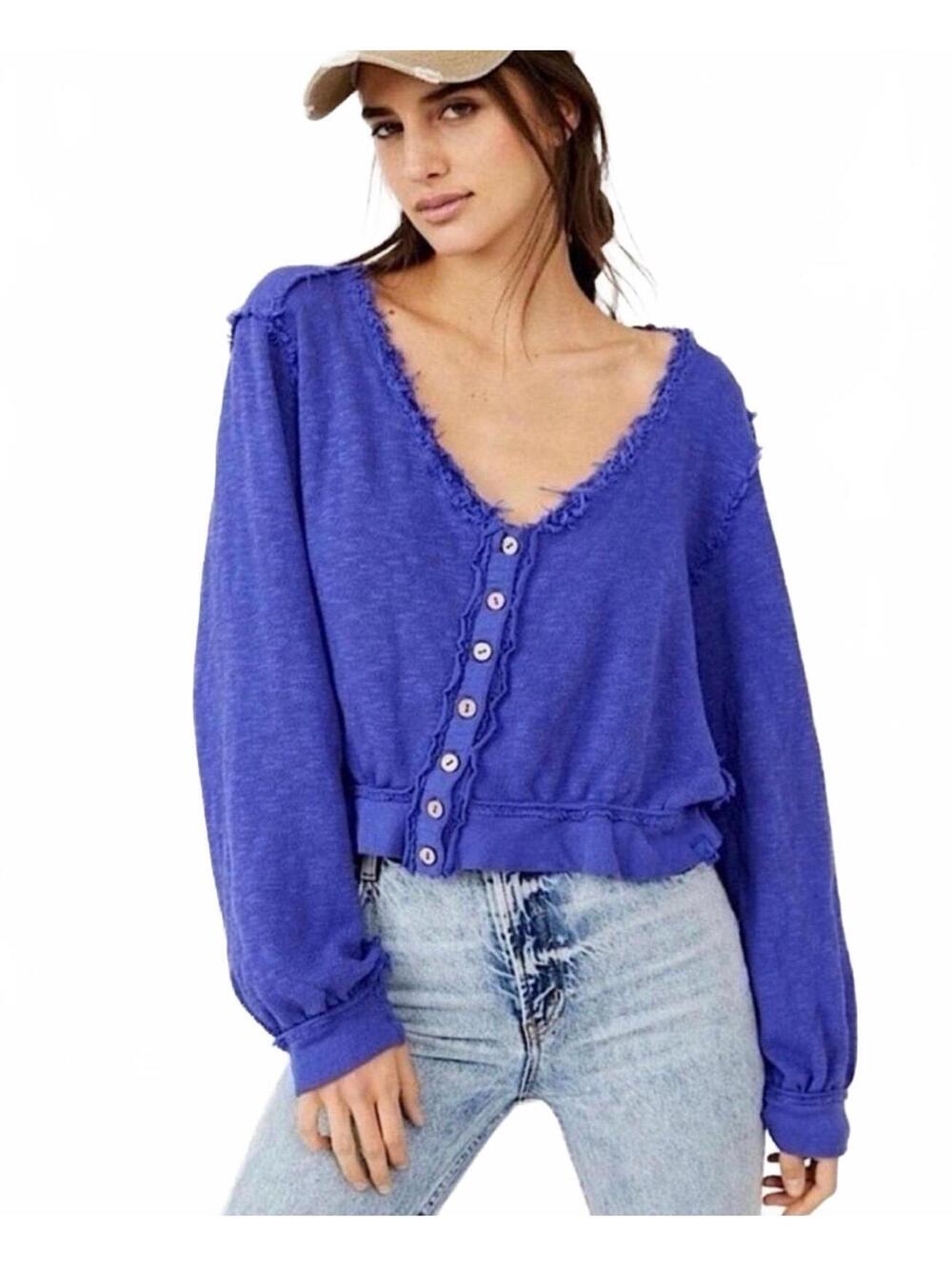 Free People Golden Road Blue Ruffled Cropped Cardigan Sweater XS Boho Coquette